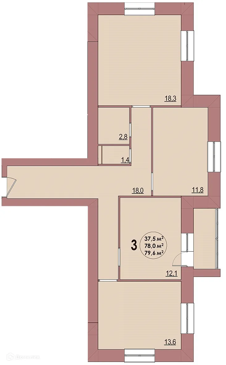Планировка 3-комнатной квартиры 79.6 м² в ЖК Династия Парковый, г. Волжский — фото 1