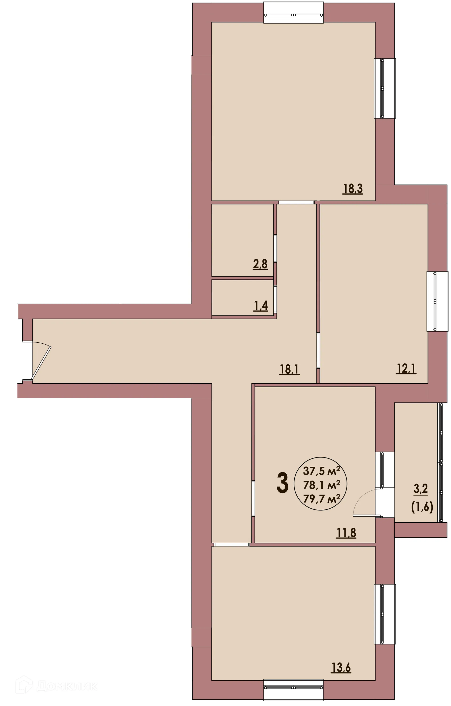 Планировка 3-комнатной квартиры 79.7 м² в ЖК Династия Парковый, г. Волжский — фото 1