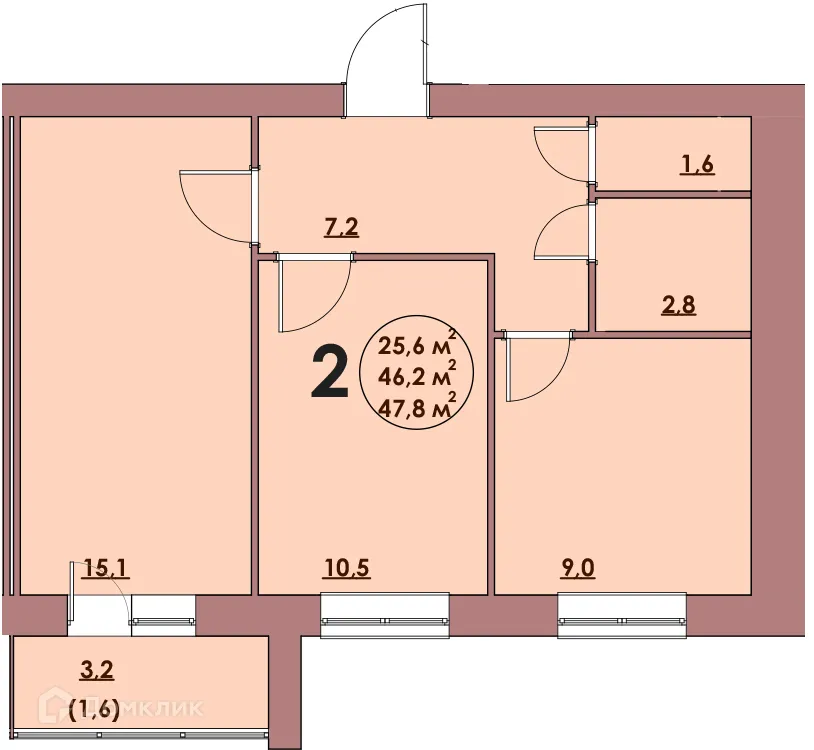 Планировка 2-комнатной квартиры 47.8 м² в ЖК Династия Парковый, г. Волжский — фото 1