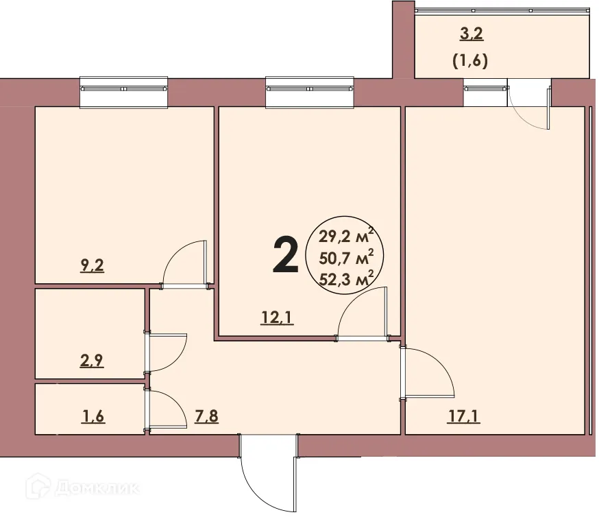 Планировка 2-комнатной квартиры 52.3 м² в ЖК Династия Парковый, г. Волжский — фото 1