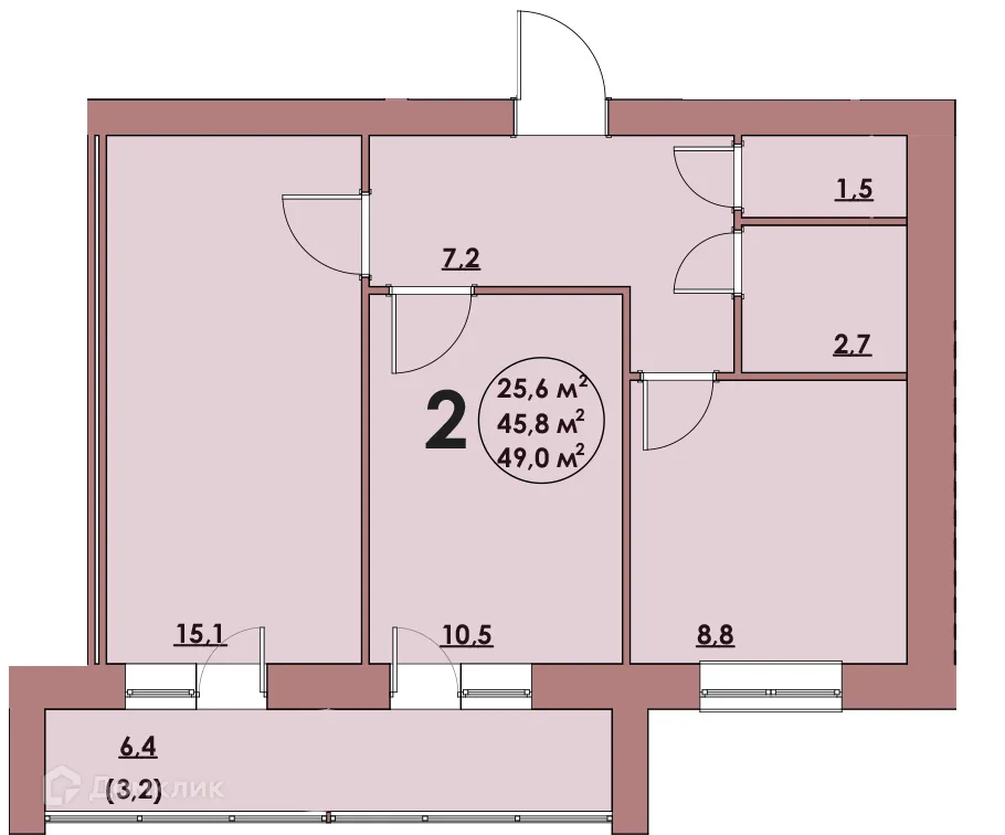 Планировка 2-комнатной квартиры 49 м² в ЖК Династия Парковый, г. Волжский — фото 1