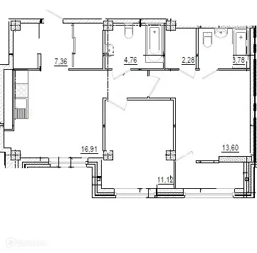 Планировка 2-комнатной квартиры 60.8 м² в ЖК на площади Труда, г. Волжский — фото 1