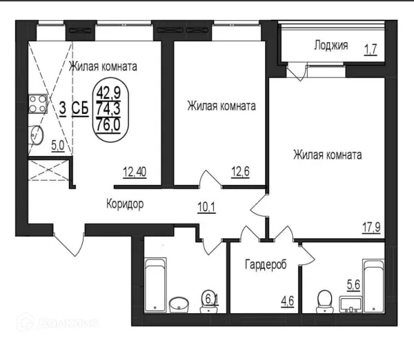 Планировка 3 комн. в ЖК КВАРТА