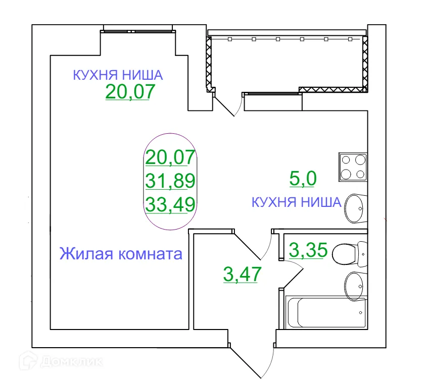 Планировка 1-комнатной квартиры 33.49 м² в ЖК КВАРТА, г. Волжский — фото 1
