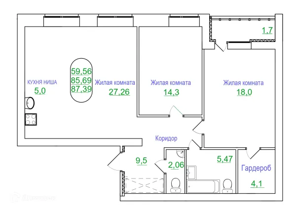 Планировка 3 комн. в ЖК КВАРТА
