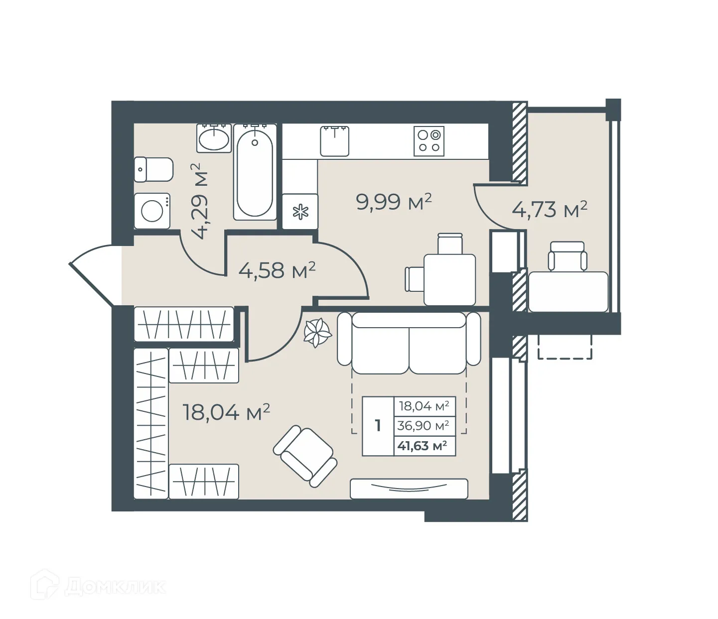Планировка 1-комнатной квартиры 41.63 м² в ЖК Рябиновый, г. Богучар — фото 1