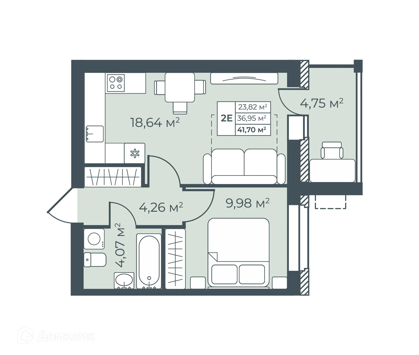 Планировка 2-комнатной квартиры 41.7 м² в ЖК Рябиновый, г. Богучар — фото 1