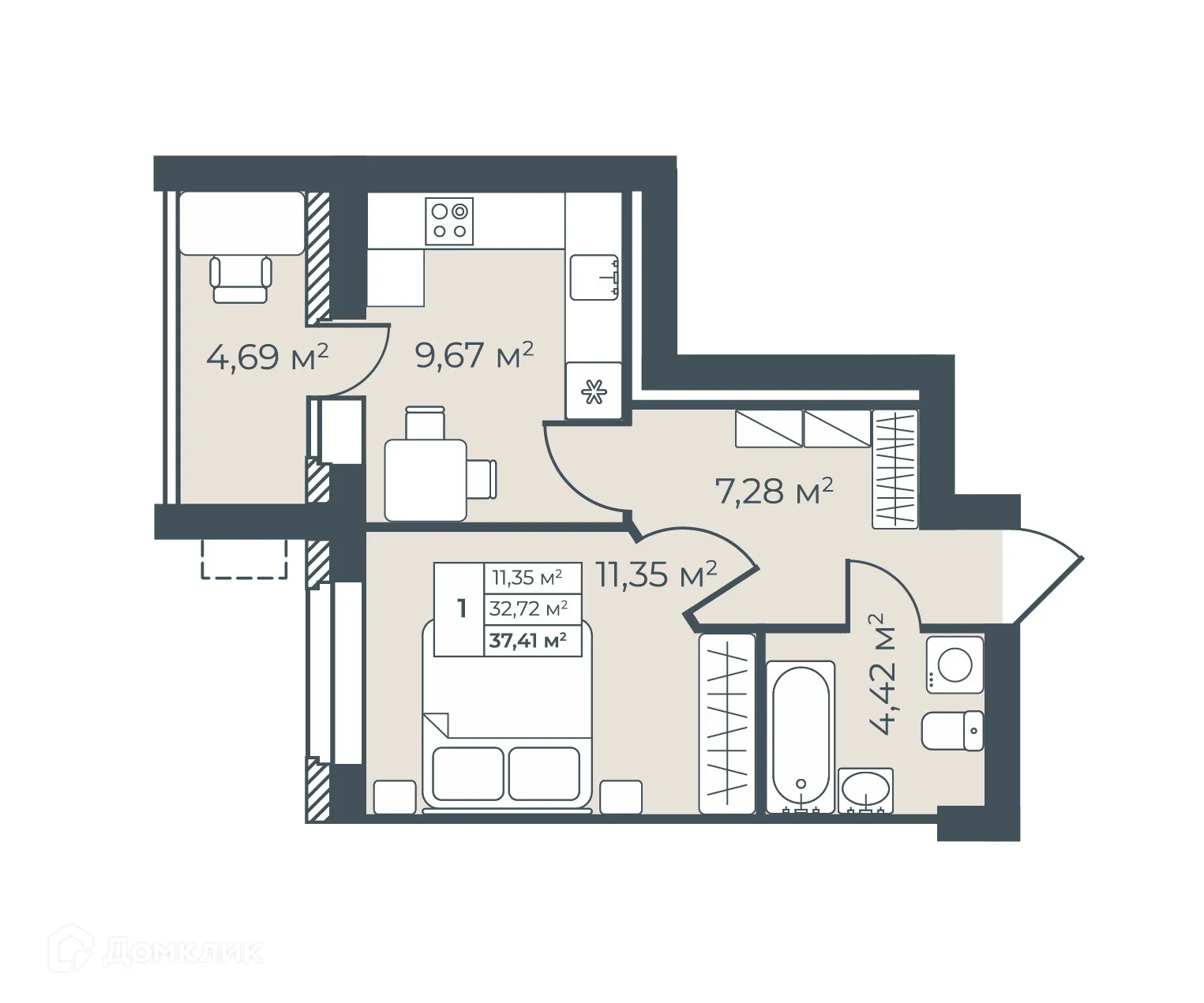 Планировка 1-комнатной квартиры 37.41 м² в ЖК Рябиновый, г. Богучар — фото 1