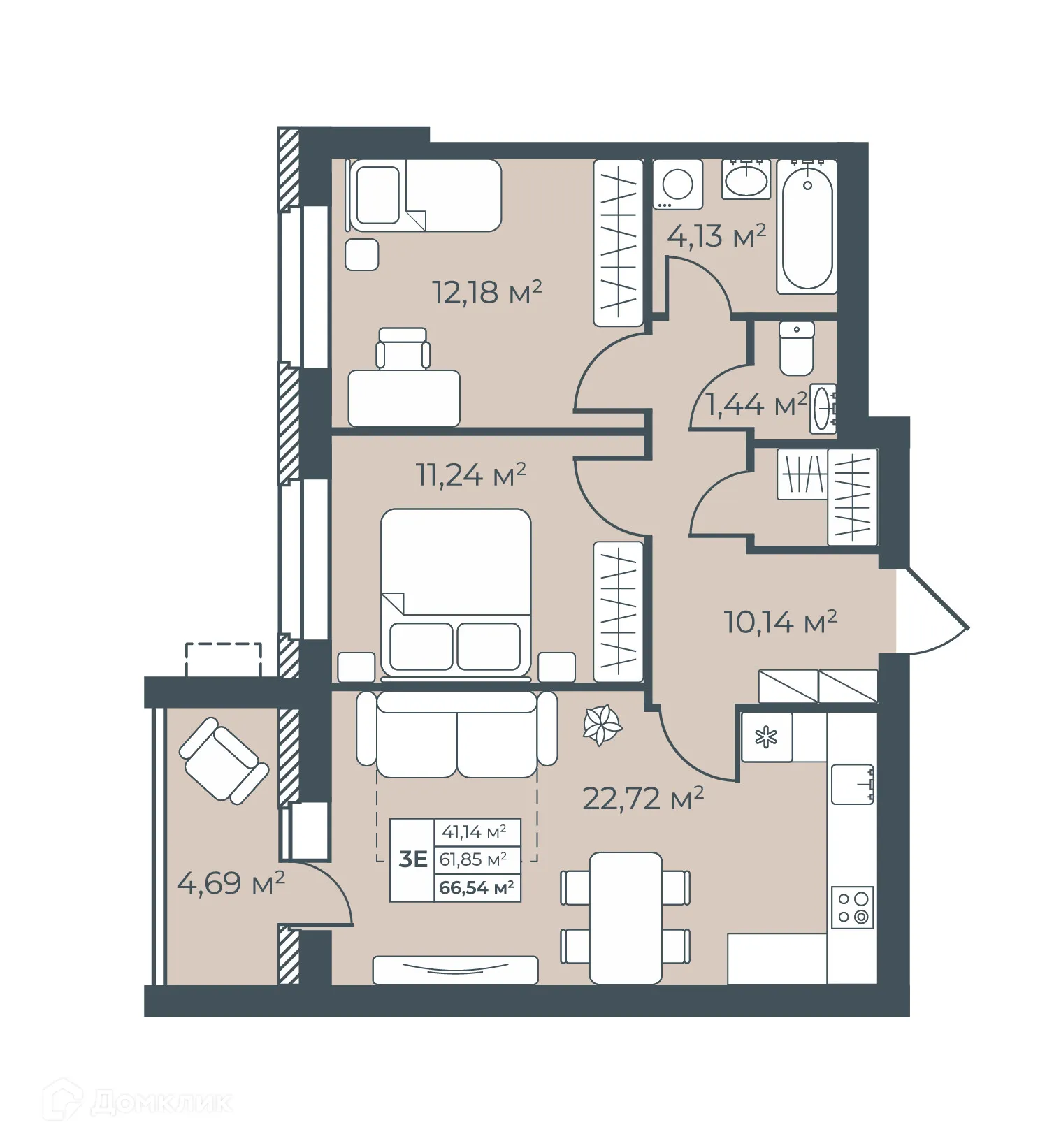 Планировка 3-комнатной квартиры 66.54 м² в ЖК Рябиновый, г. Богучар — фото 1