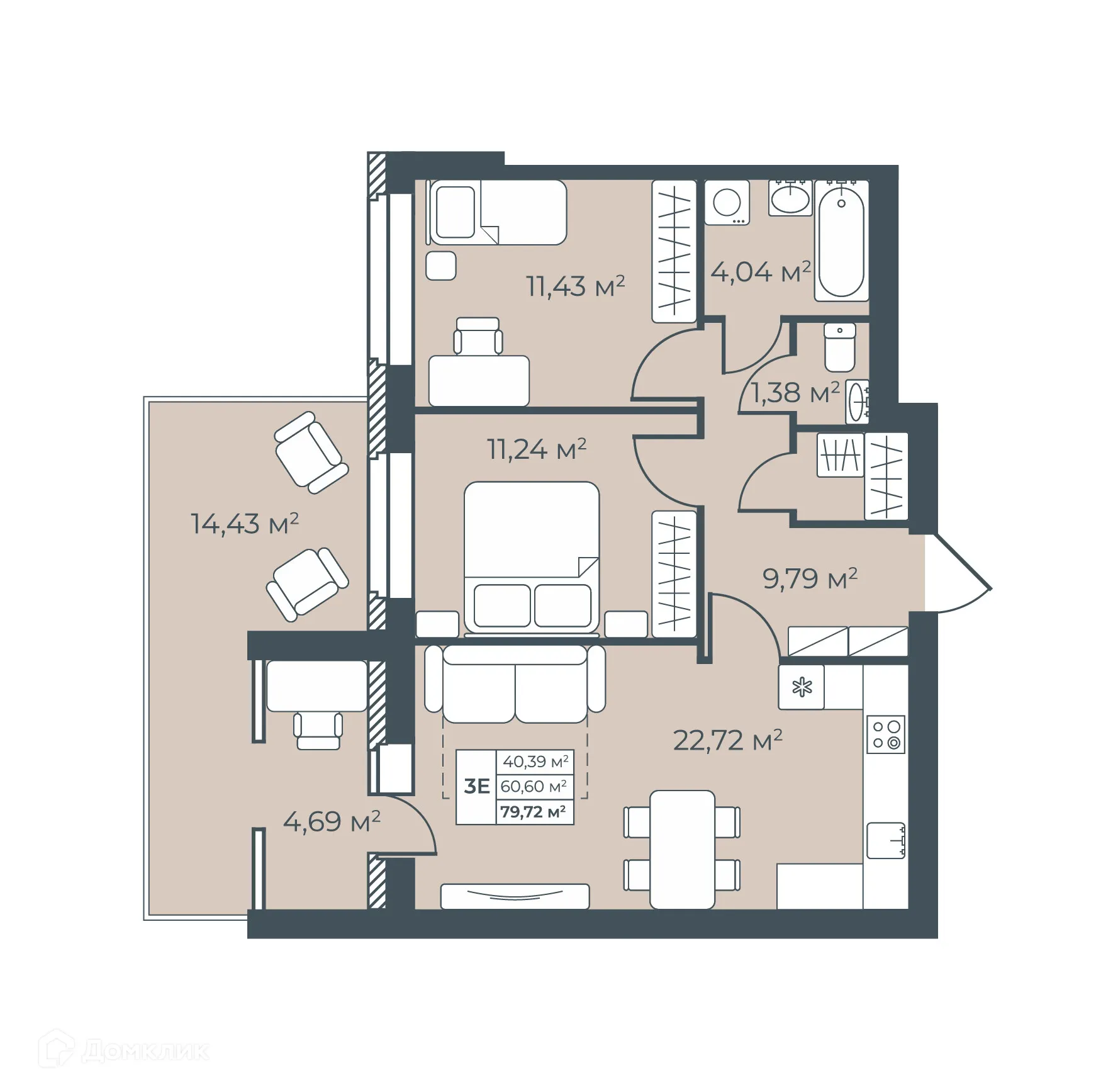 Планировка 3-комнатной квартиры 79.72 м² в ЖК Рябиновый, г. Богучар — фото 1