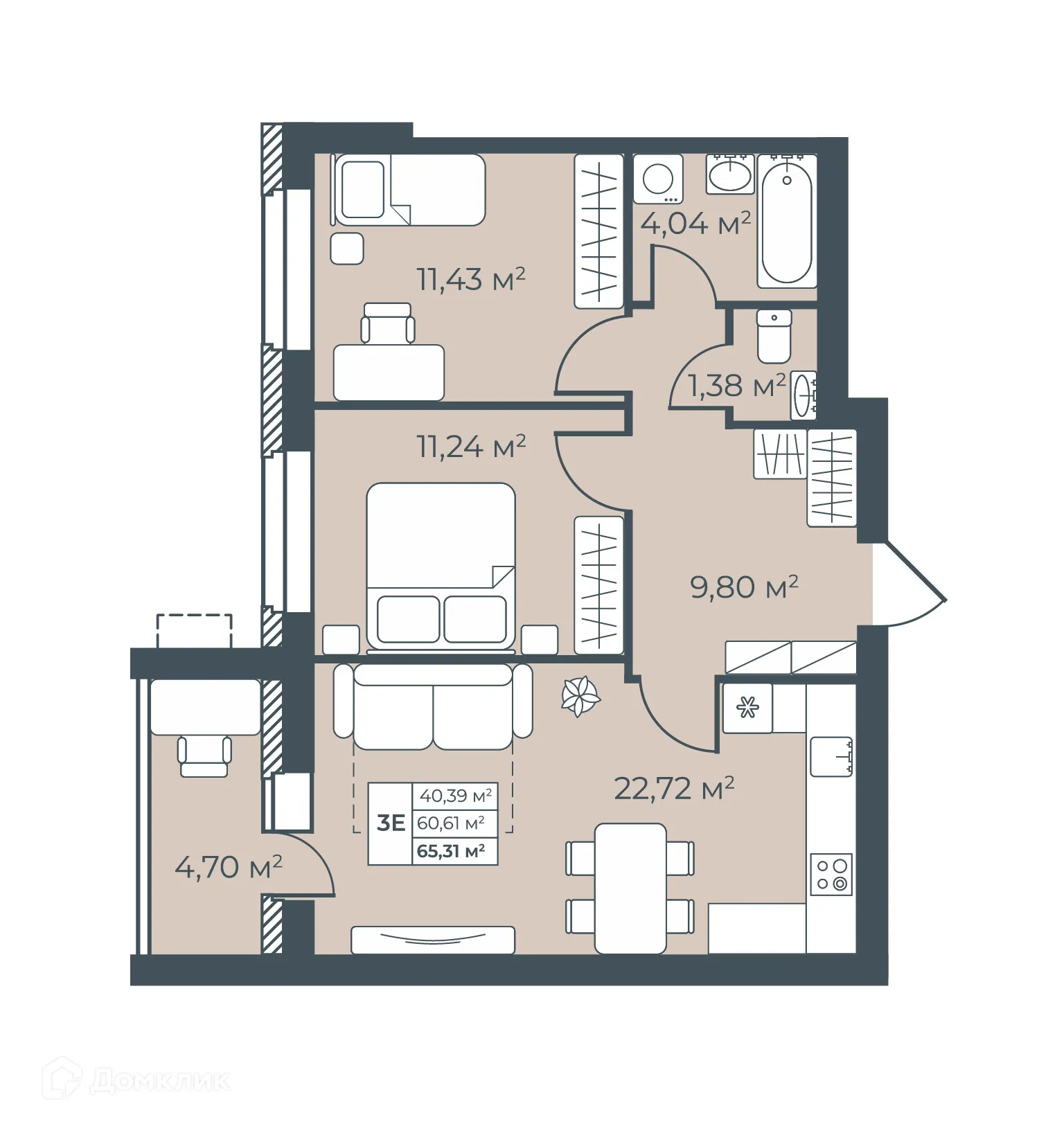 Планировка 3-комнатной квартиры 65.31 м² в ЖК Рябиновый, г. Богучар — фото 1