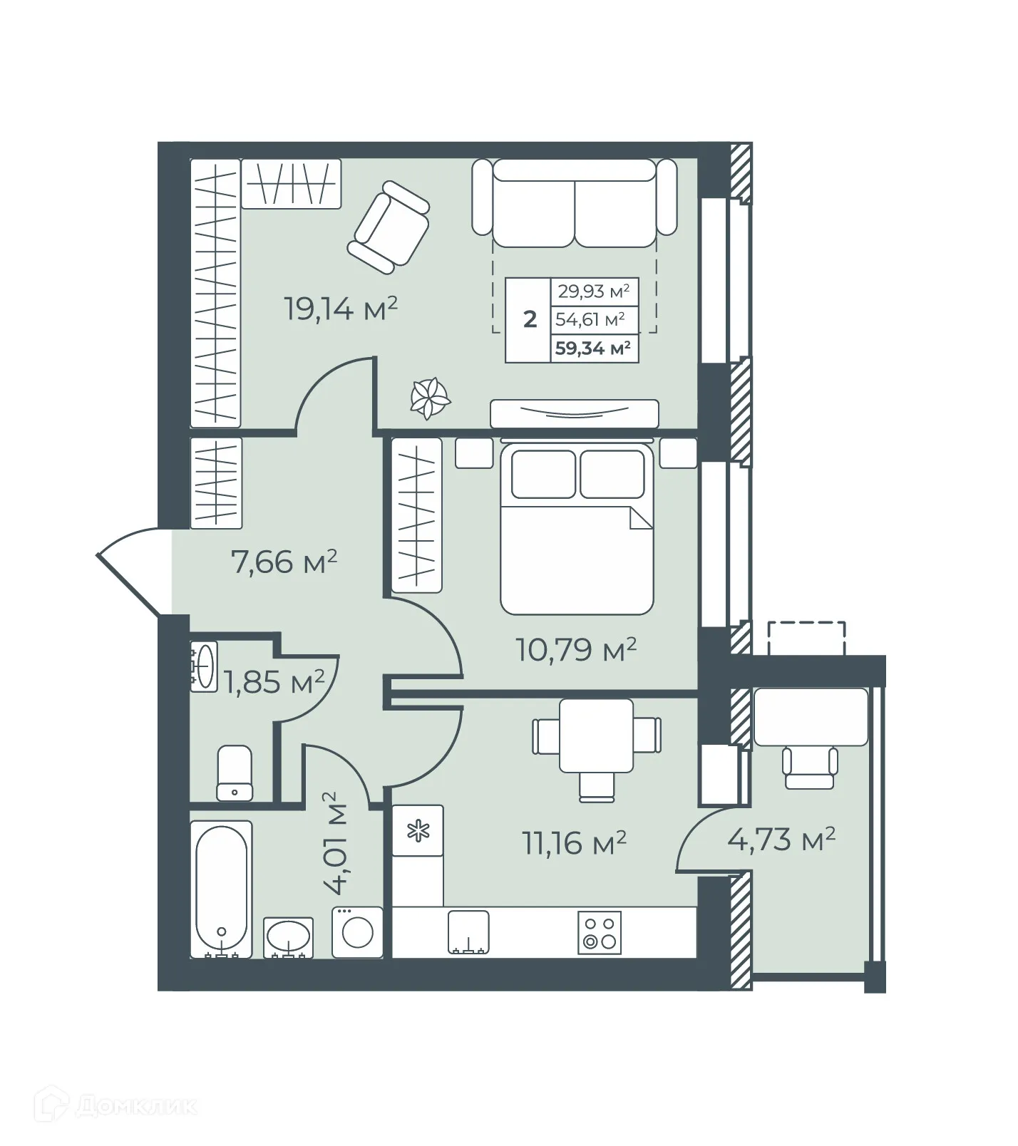 Планировка 2-комнатной квартиры 59.34 м² в ЖК Рябиновый, г. Богучар — фото 1
