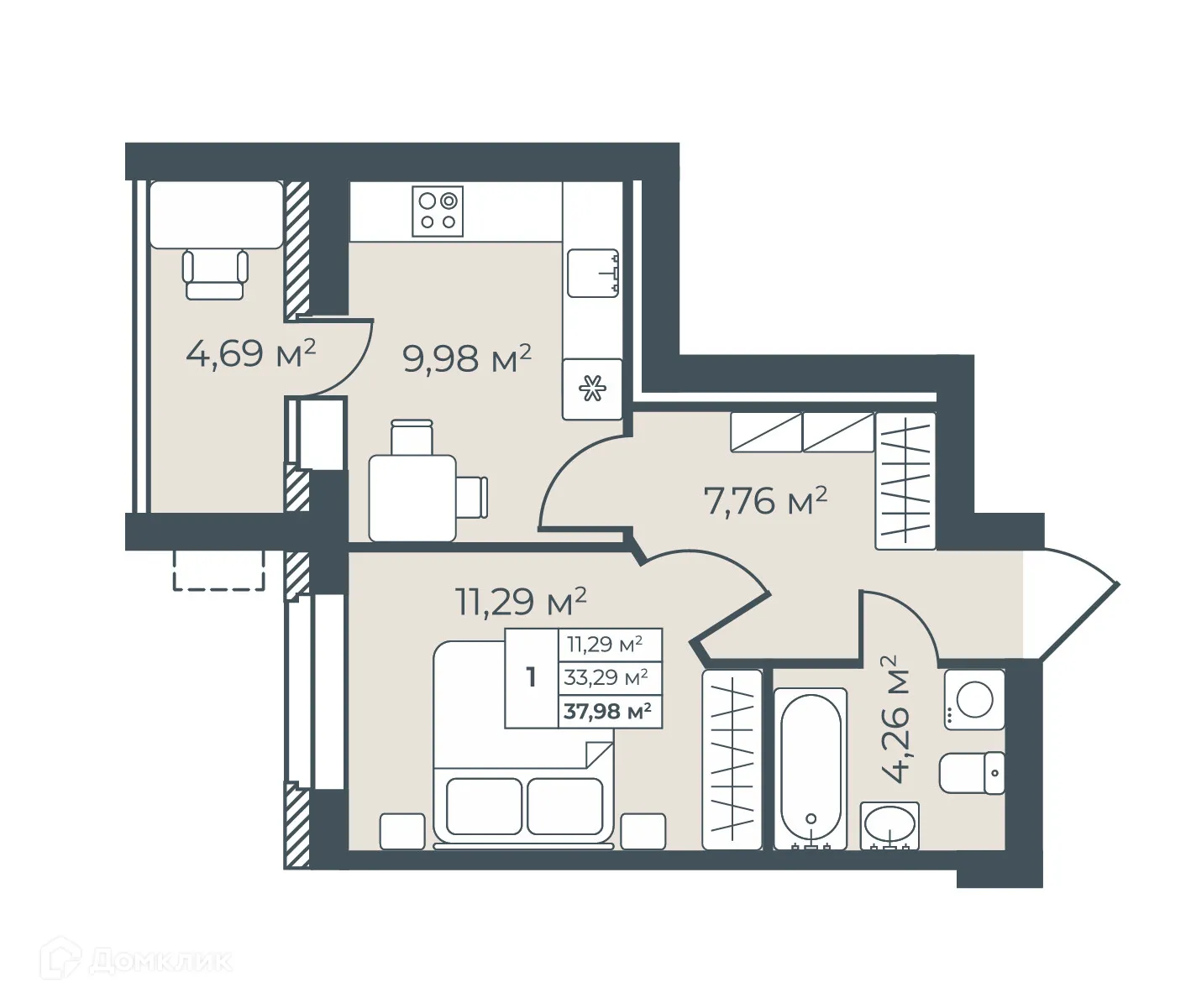 Планировка 1-комнатной квартиры 37.98 м² в ЖК Рябиновый, г. Богучар — фото 1