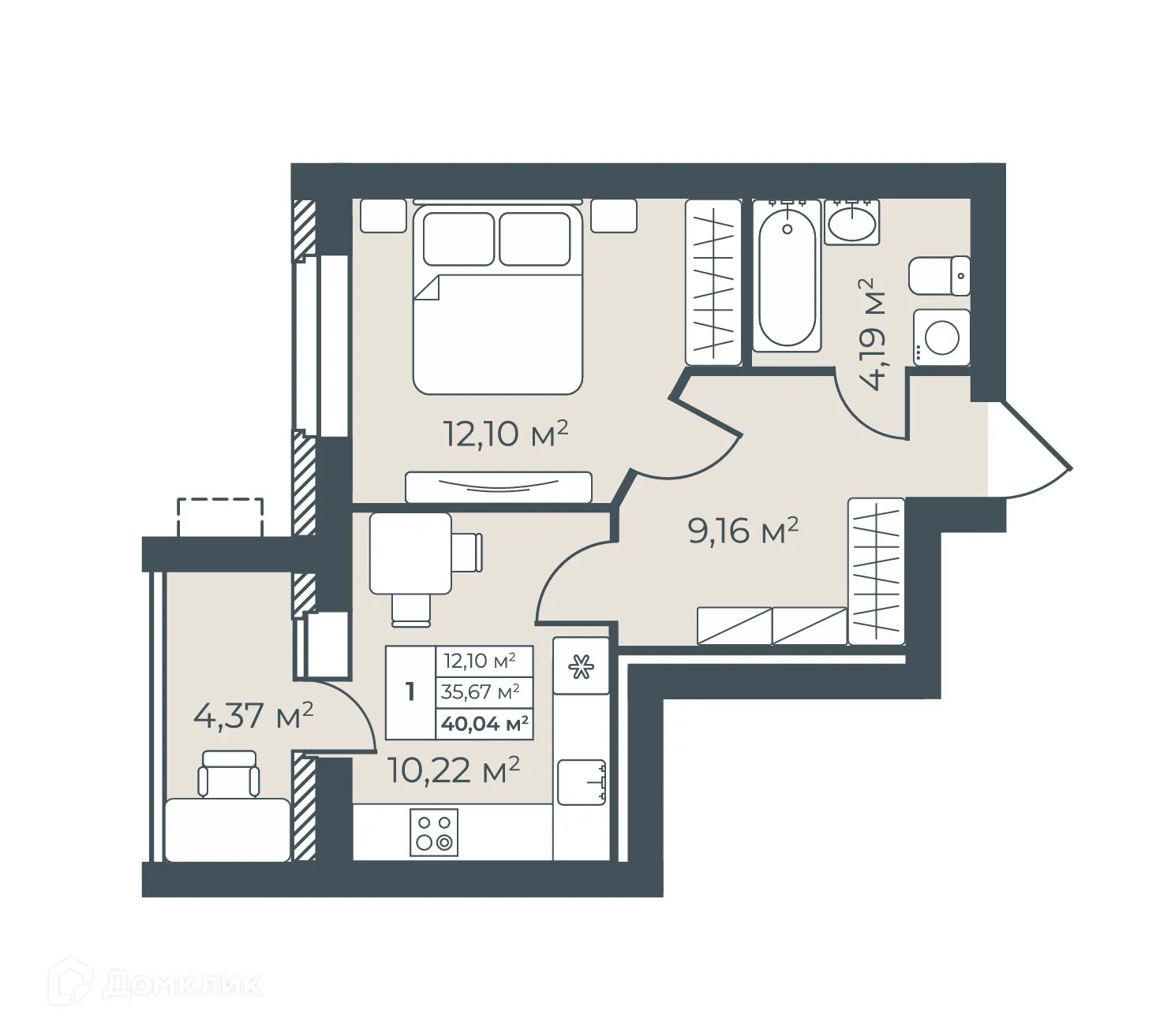 Планировка 1-комнатной квартиры 40.04 м² в ЖК Рябиновый, г. Богучар — фото 1