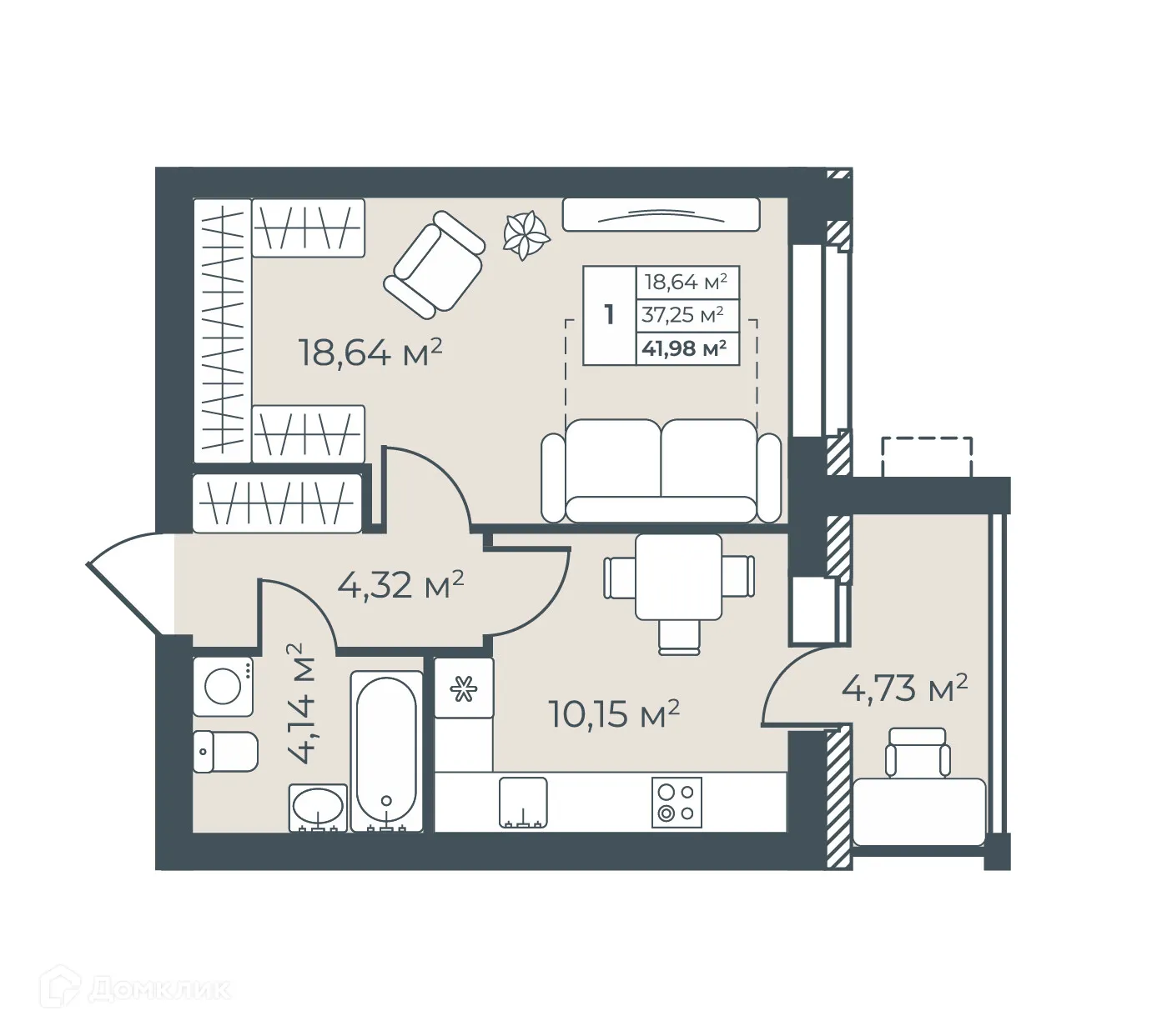 Планировка 1-комнатной квартиры 41.98 м² в ЖК Рябиновый, г. Богучар — фото 1