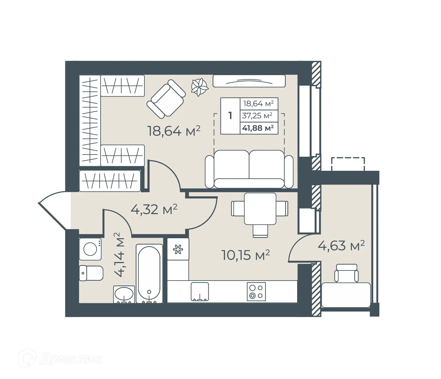 Планировка 1-комнатной квартиры 41.88 м² в ЖК Рябиновый, г. Богучар — фото 1