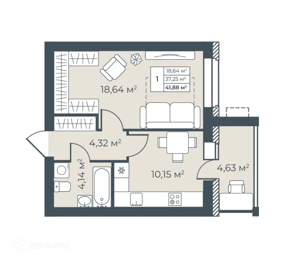 Планировка 1 комн. в ЖК Рябиновый