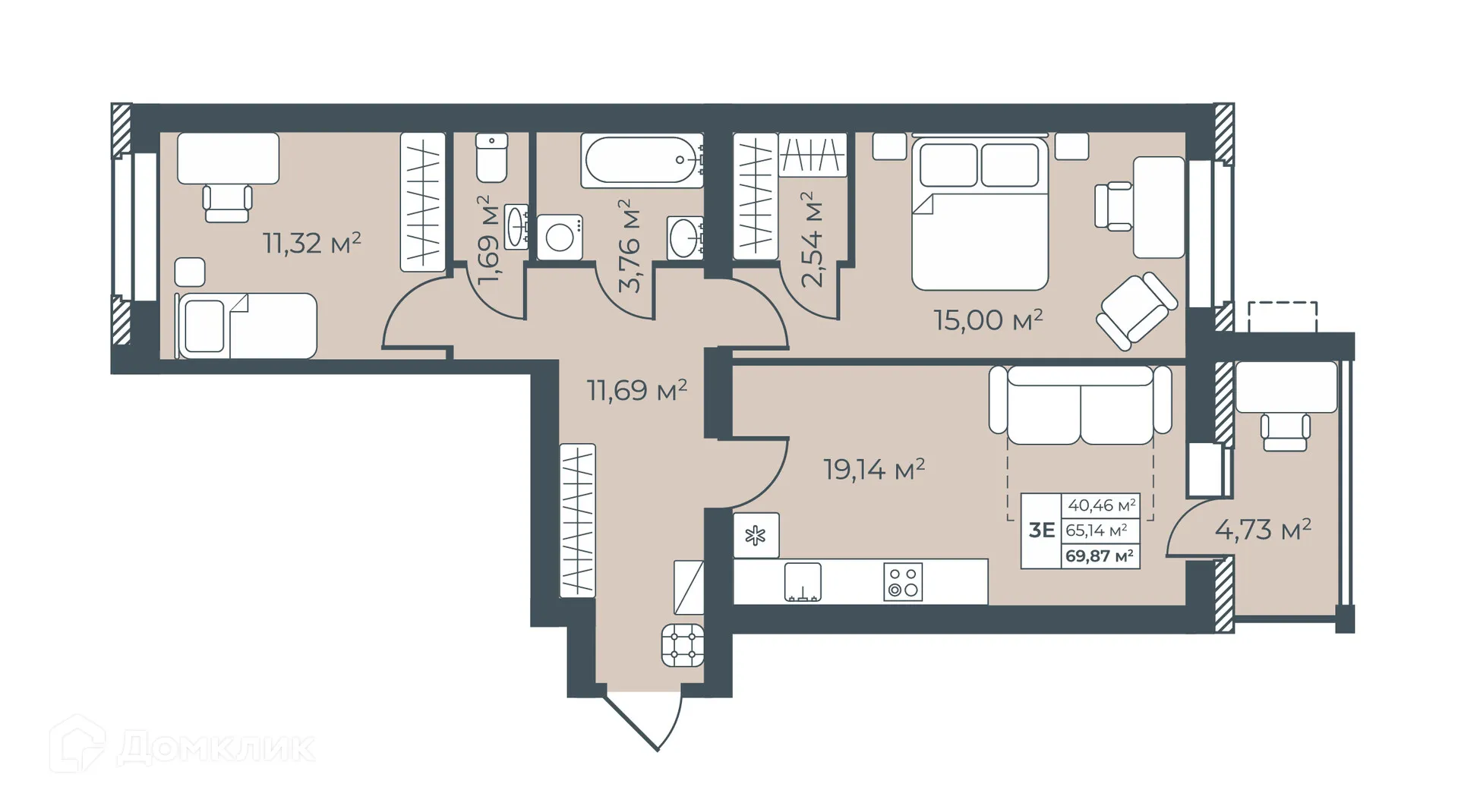 Планировка 3-комнатной квартиры 69.87 м² в ЖК Рябиновый, г. Богучар — фото 1