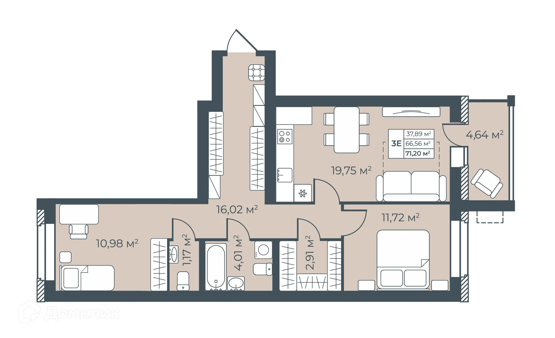 Планировка 3-комнатной квартиры 71.2 м² в ЖК Рябиновый, г. Богучар — фото 1