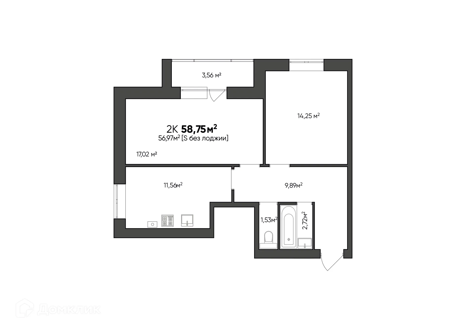 Планировка 2-комнатной квартиры 58.75 м² в ЖК Заволжье, г. Краснослободск — фото 1