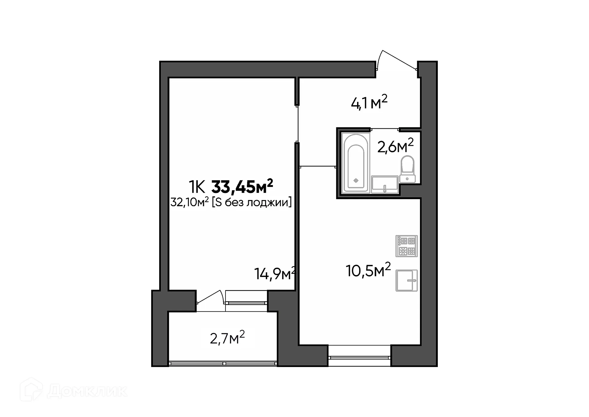 Планировка 1-комнатной квартиры 33.45 м² в ЖК Заволжье, г. Краснослободск — фото 1