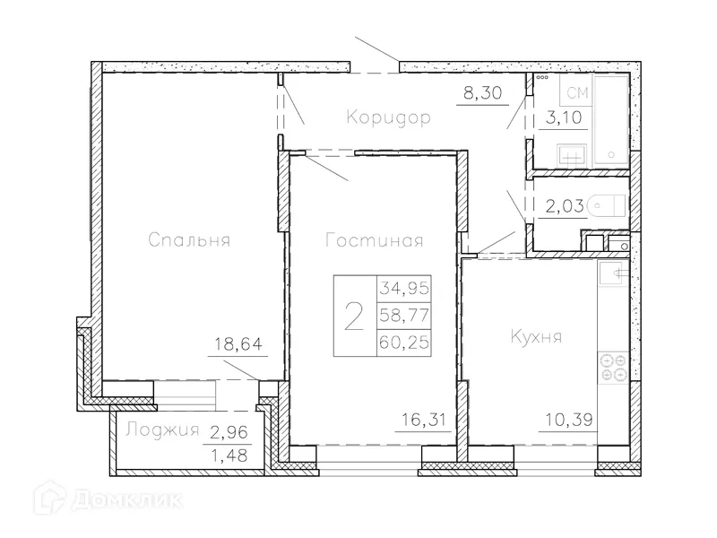 Планировка 2-комнатной квартиры 61.4 м² в ЖК по ул. Чайковского, г. Семилуки — фото 1