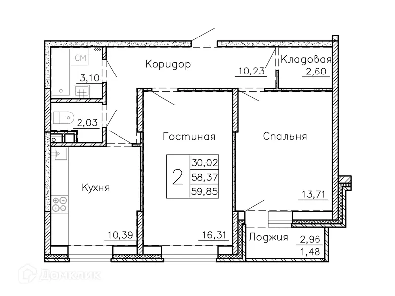 Планировка 2-комнатной квартиры 60.9 м² в ЖК по ул. Чайковского, г. Семилуки — фото 1