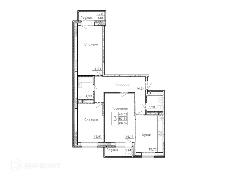 Планировка 3-комнатной квартиры 88.3 м² в ЖК по ул. Чайковского, г. Семилуки — фото 1