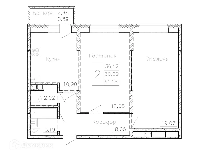 Планировка 2-комнатной квартиры 62.6 м² в ЖК по ул. Чайковского, г. Семилуки — фото 1