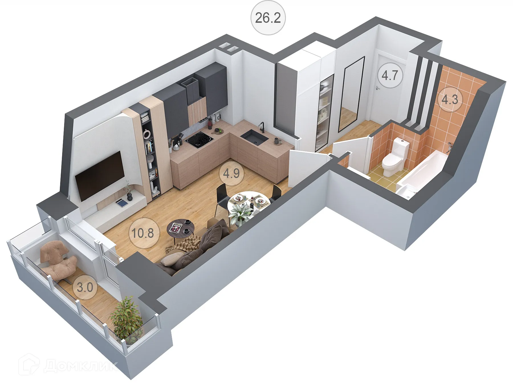 Планировка студии квартиры 26.2 м² в ЖК СЕМИЛУКИ СИТИ, г. Семилуки — фото 1