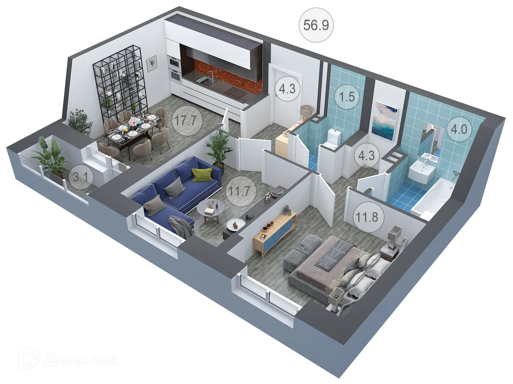 Планировка 2-комнатной квартиры 57.5 м² в ЖК СЕМИЛУКИ СИТИ, г. Семилуки — фото 1