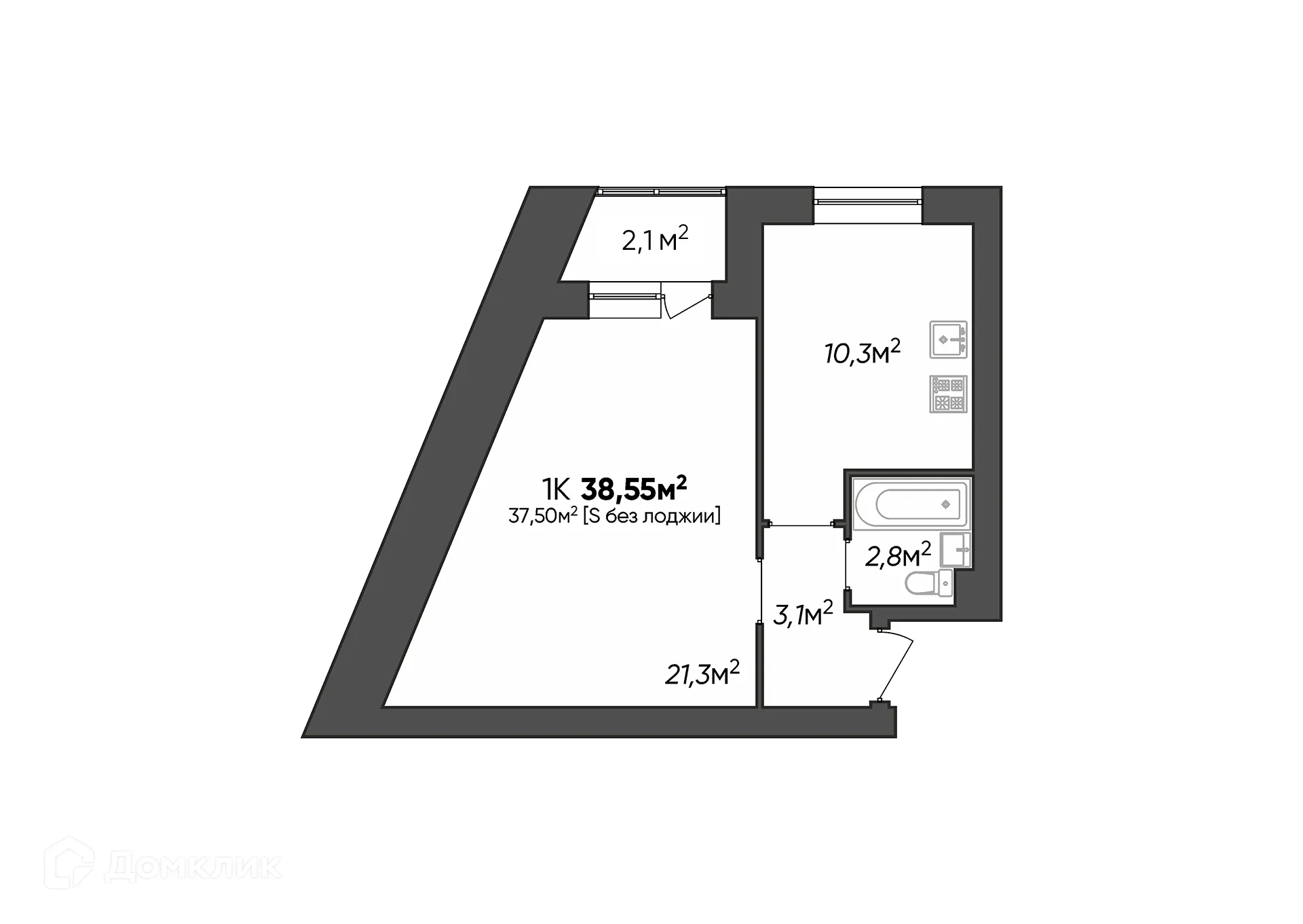 Планировка 1-комнатной квартиры 38.05 м² в ЖК Заволжье, г. Краснослободск — фото 1