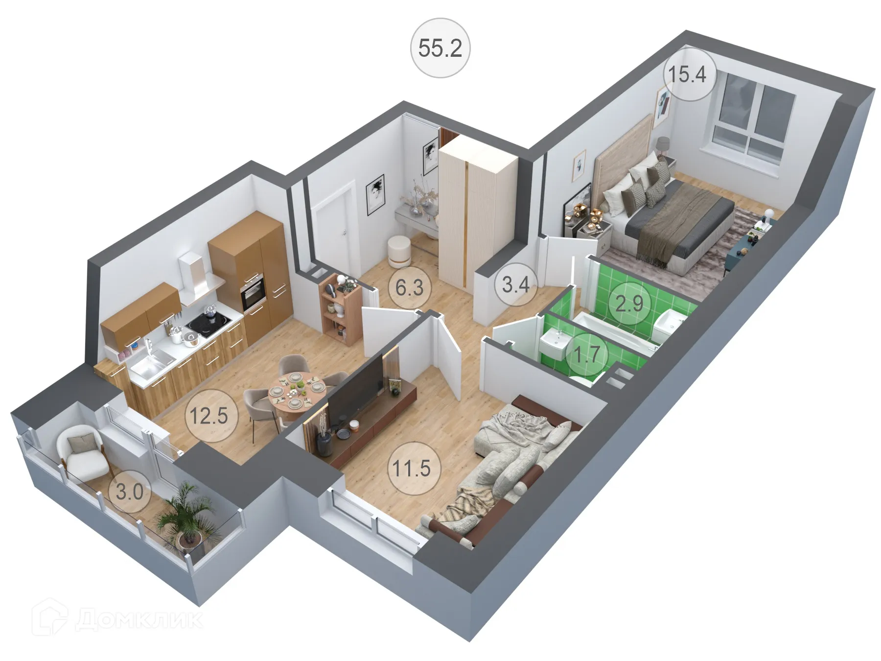 Планировка 2-комнатной квартиры 55.2 м² в ЖК СЕМИЛУКИ СИТИ, г. Семилуки — фото 1