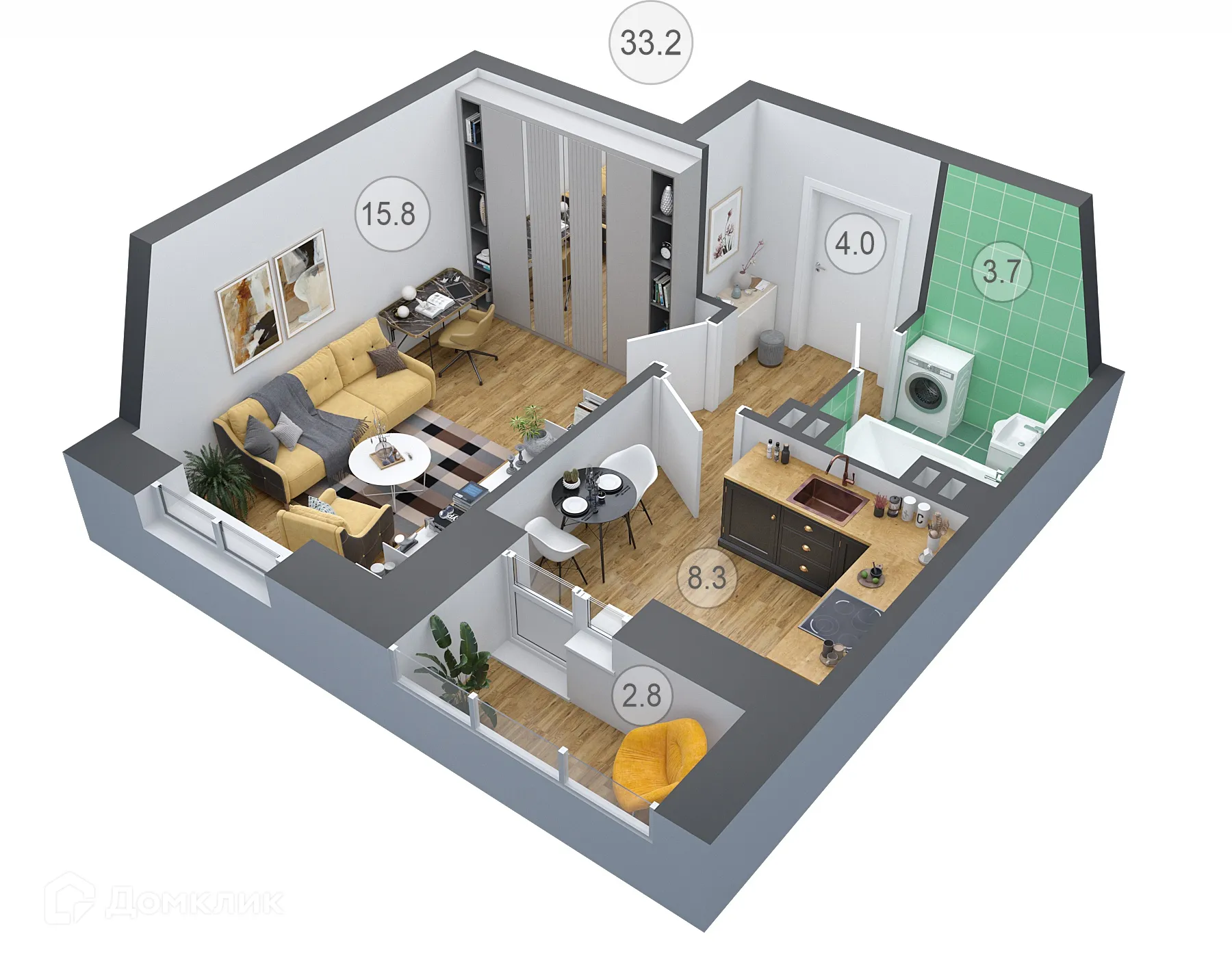 Планировка 1-комнатной квартиры 33.2 м² в ЖК СЕМИЛУКИ СИТИ, г. Семилуки — фото 1