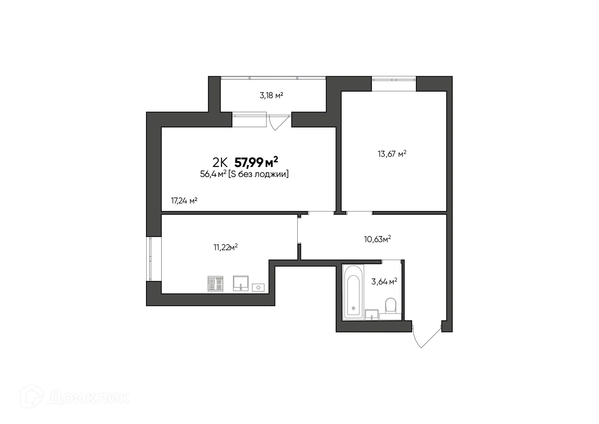 Планировка 2-комнатной квартиры 57.99 м² в ЖК Заволжье, г. Краснослободск — фото 1