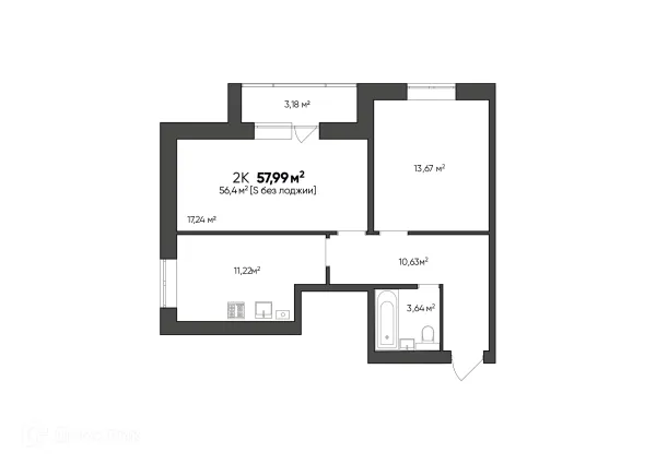 Планировка 2 комн. в ЖК Заволжье