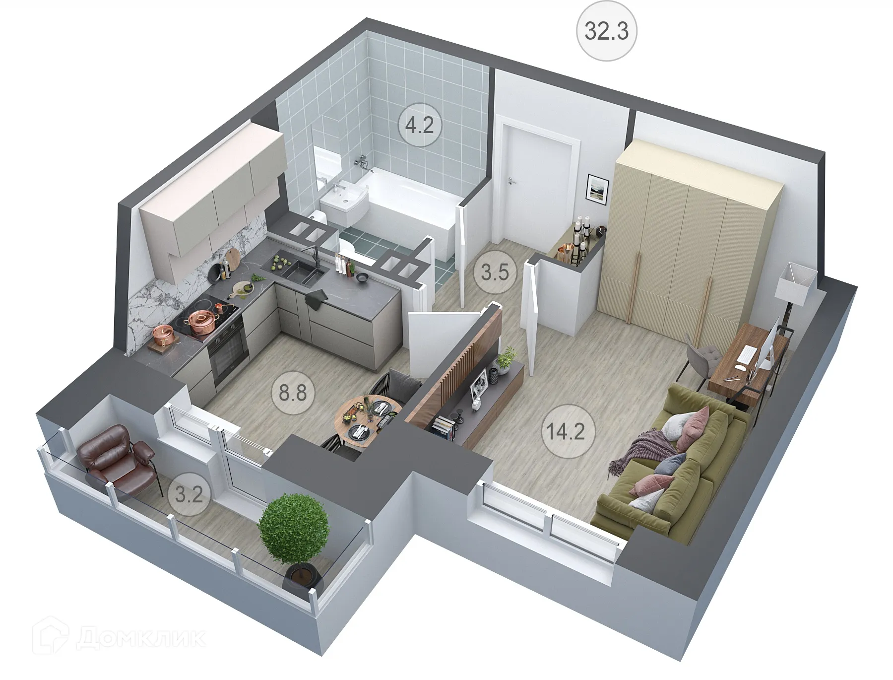 Планировка 1-комнатной квартиры 32.3 м² в ЖК СЕМИЛУКИ СИТИ, г. Семилуки — фото 1