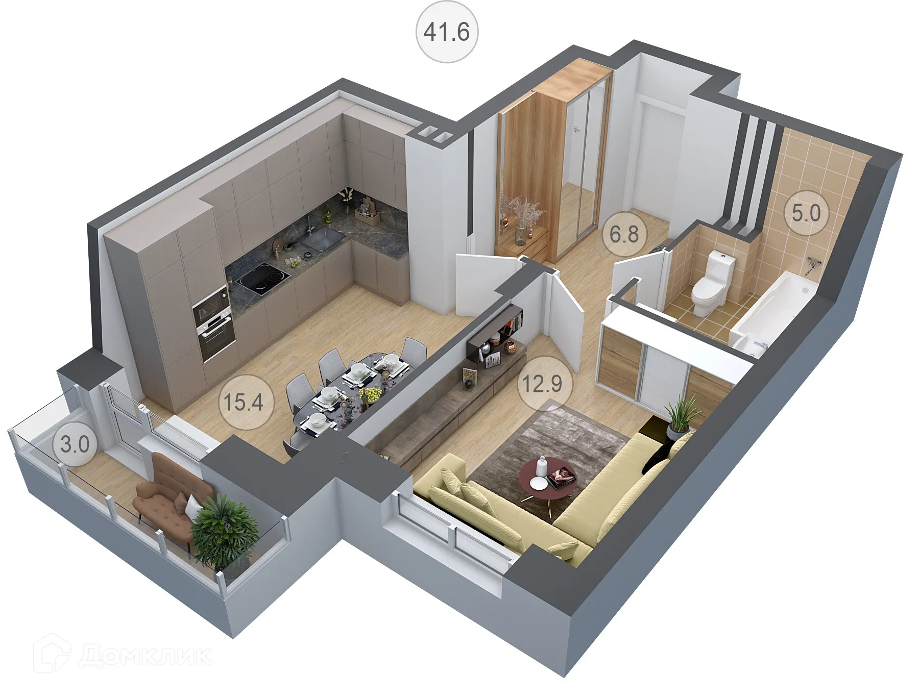 Планировка 1-комнатной квартиры 41.6 м² в ЖК СЕМИЛУКИ СИТИ, г. Семилуки — фото 1