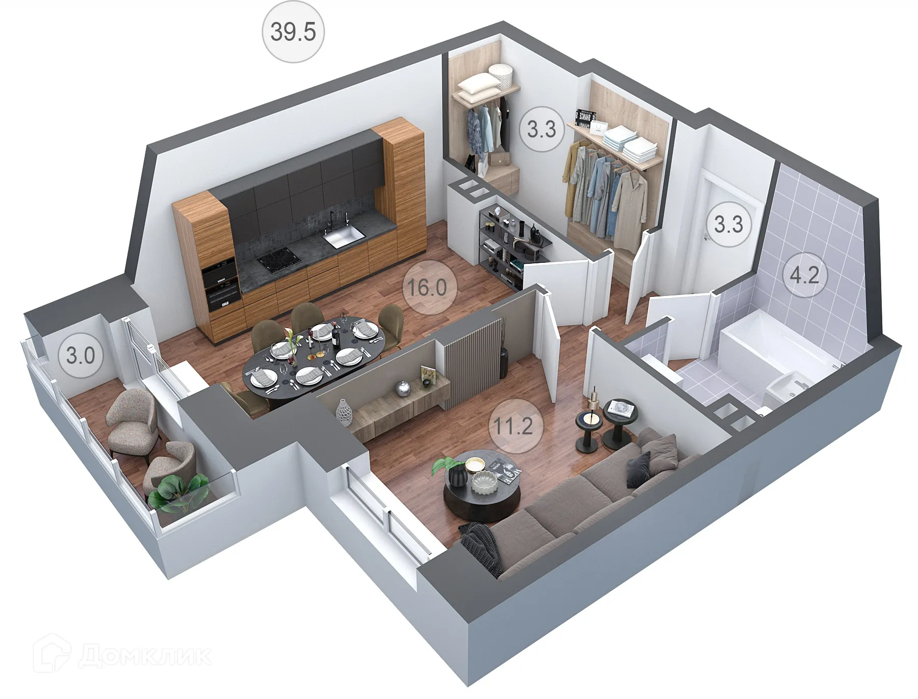 Планировка 1-комнатной квартиры 39.5 м² в ЖК СЕМИЛУКИ СИТИ, г. Семилуки — фото 1