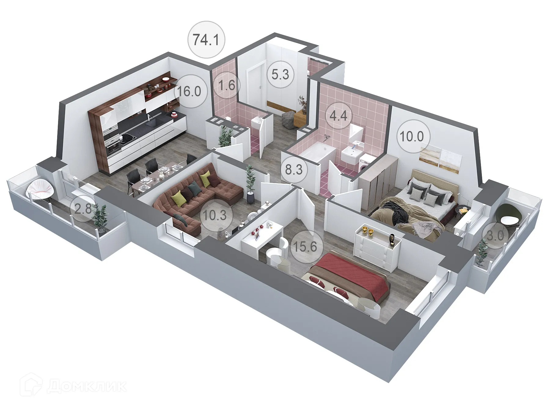Планировка 3-комнатной квартиры 74.1 м² в ЖК СЕМИЛУКИ СИТИ, г. Семилуки — фото 1