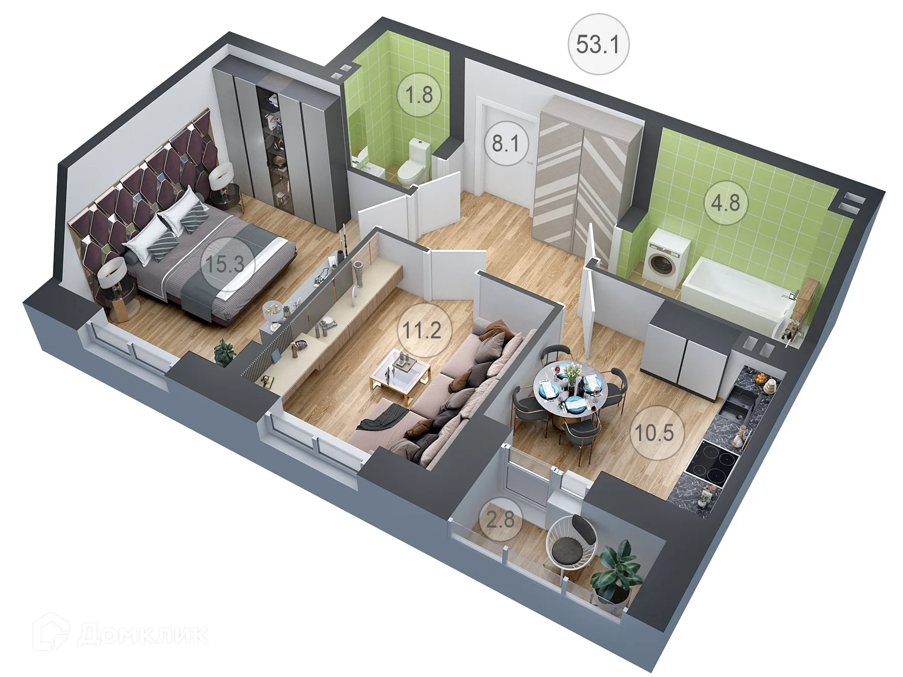 Планировка 2-комнатной квартиры 53.1 м² в ЖК СЕМИЛУКИ СИТИ, г. Семилуки — фото 1