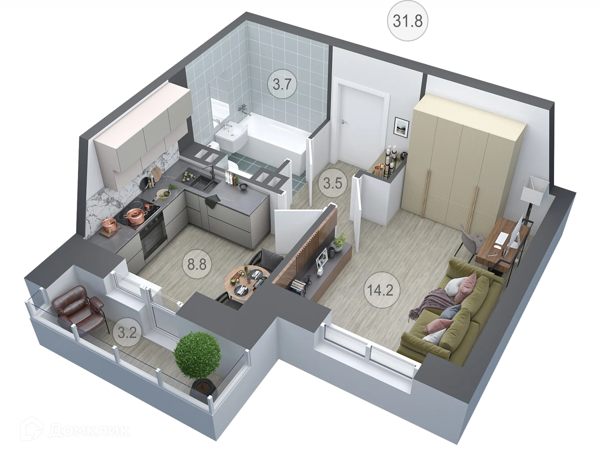 Планировка 1-комнатной квартиры 31.8 м² в ЖК СЕМИЛУКИ СИТИ, г. Семилуки — фото 1