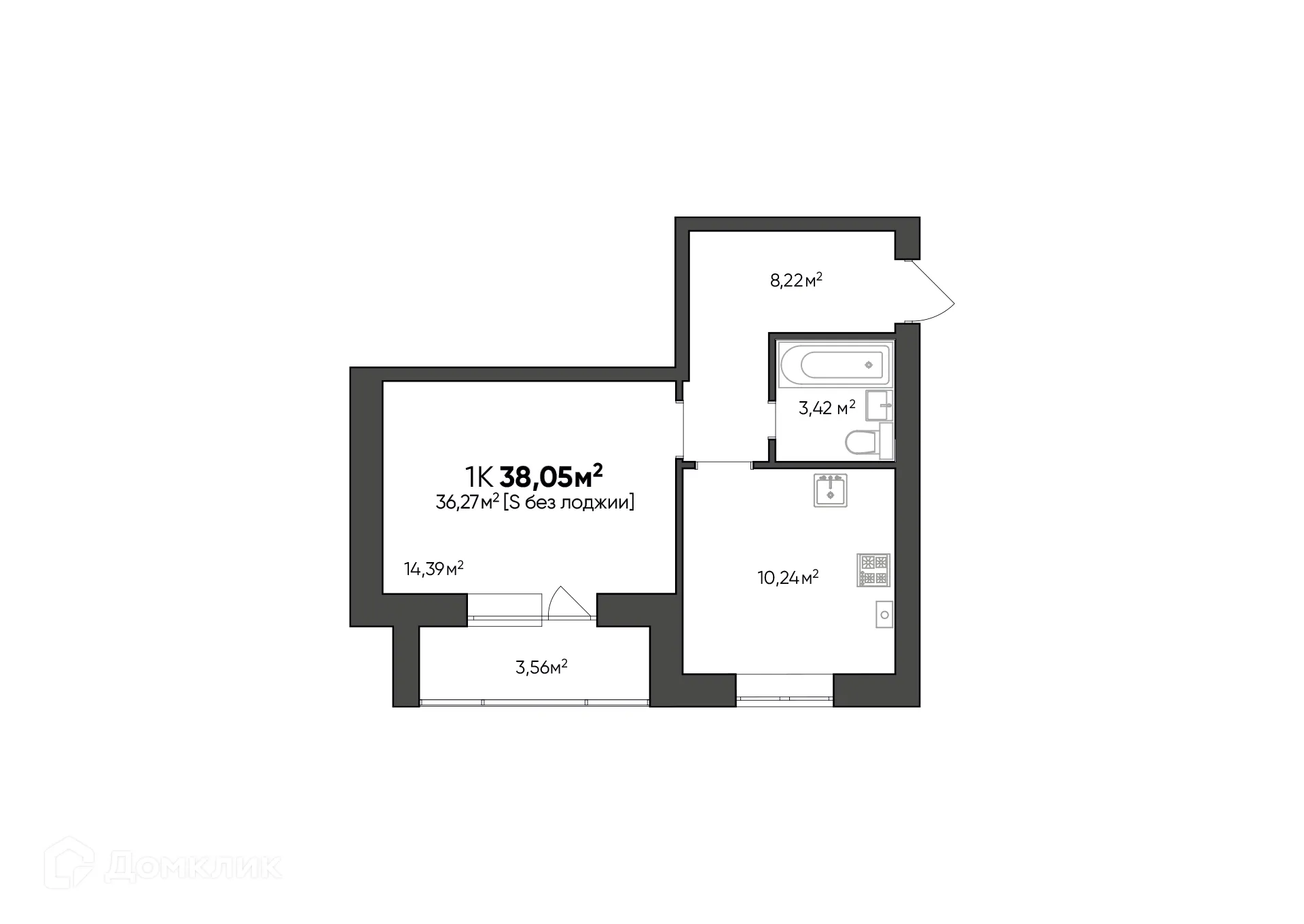 Планировка 1-комнатной квартиры 38.05 м² в ЖК Заволжье, г. Краснослободск — фото 1