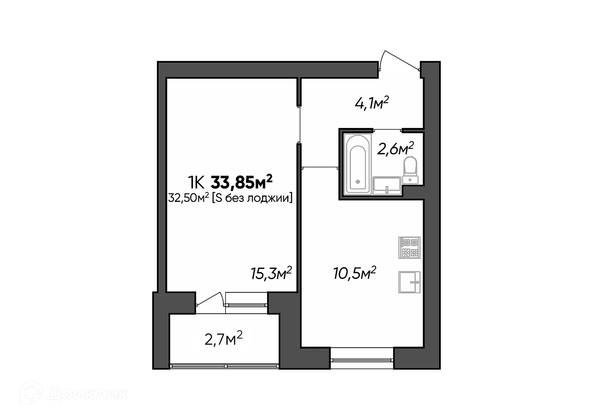 Планировка 1-комнатной квартиры 33.85 м² в ЖК Заволжье, г. Краснослободск — фото 1