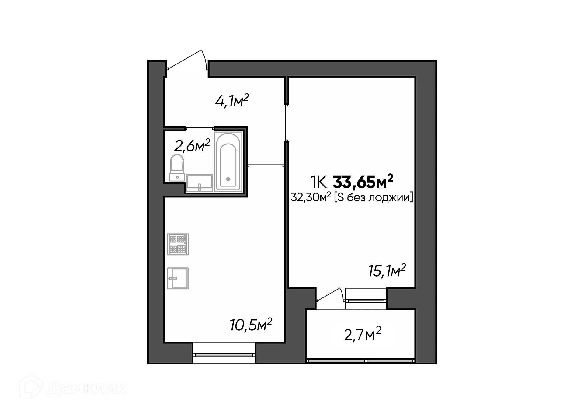 Планировка 1-комнатной квартиры 33.65 м² в ЖК Заволжье, г. Краснослободск — фото 1