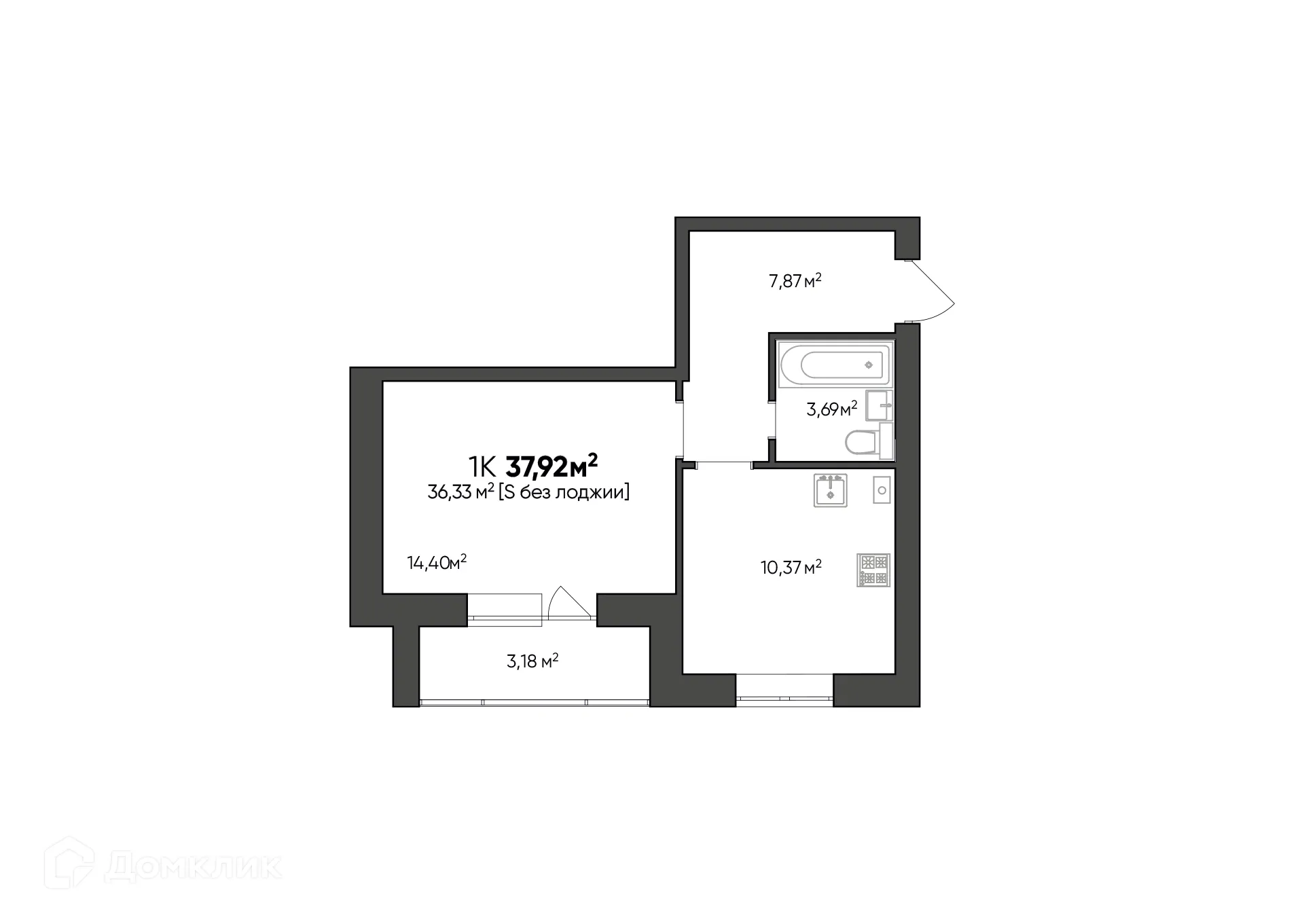 Планировка 1-комнатной квартиры 37.92 м² в ЖК Заволжье, г. Краснослободск — фото 1