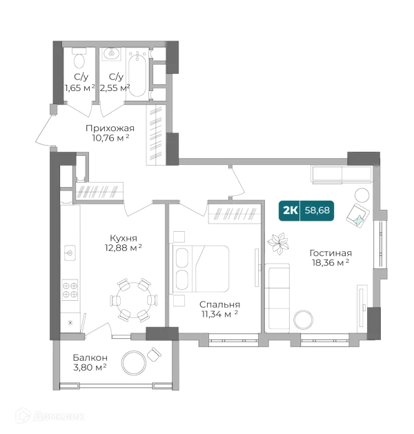 Планировка 2 комн. в ЖК Золотой Берег