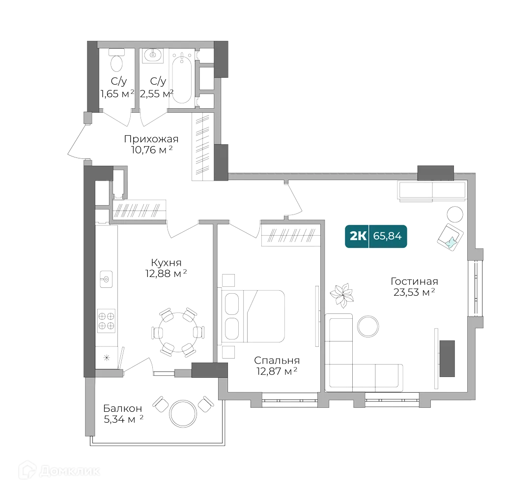 Планировка 2-комнатной квартиры 65.84 м² в ЖК Золотой Берег, г. Новороссийск — фото 1