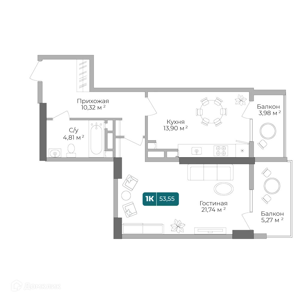 Планировка 1-комнатной квартиры 53.55 м² в ЖК Золотой Берег, г. Новороссийск — фото 1