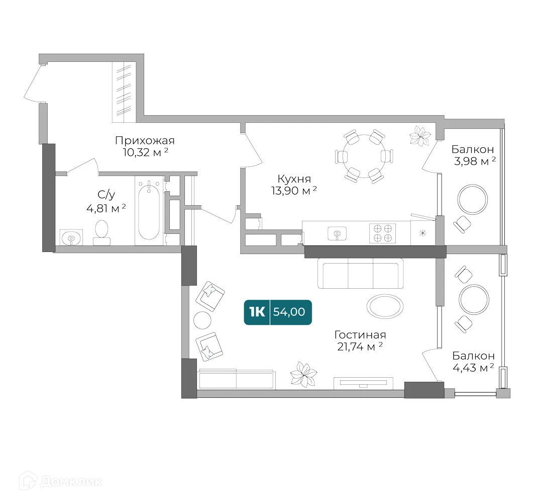 Планировка 1-комнатной квартиры 53.93 м² в ЖК Золотой Берег, г. Новороссийск — фото 1
